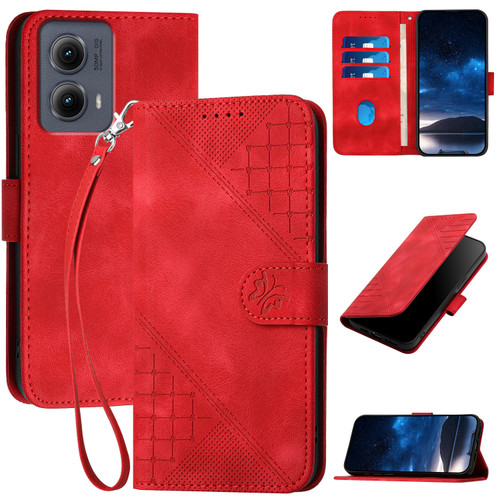 Motorola Edge 2024 5G Global YX0080 Grid Butterfly Embossed Pattern Flip Leather Phone Case with Lanyard - Red